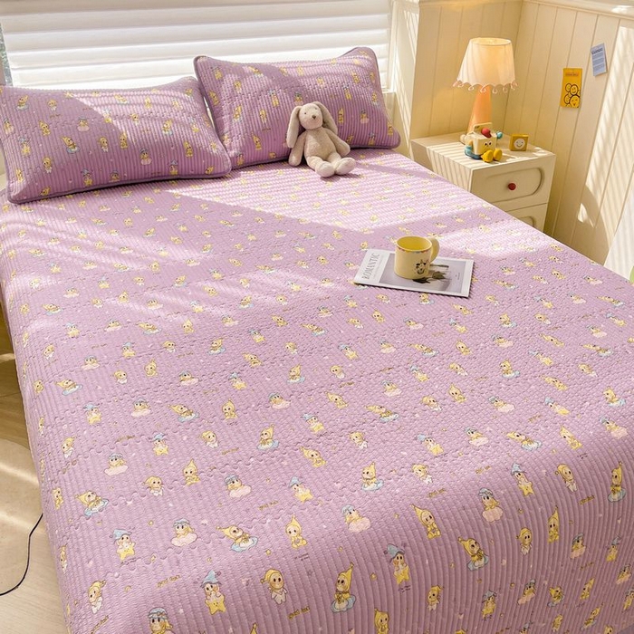 91家纺网 家纺一手货源 找家纺 梵朴 2026新款A类泡芙双层纱云感邹邹纱床盖三件套 星星玩偶紫