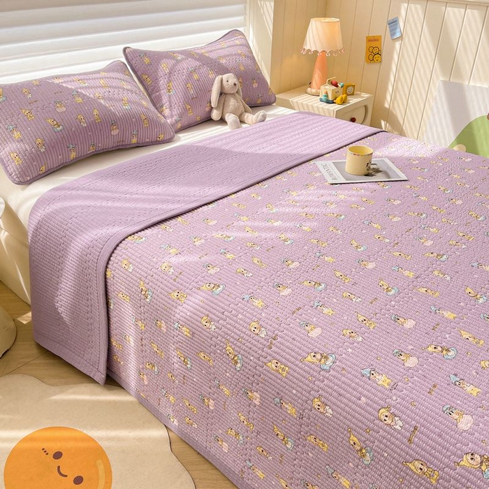 91家纺网 家纺一手货源 找家纺 梵朴 2026新款A类泡芙双层纱云感邹邹纱床盖三件套 星星玩偶紫