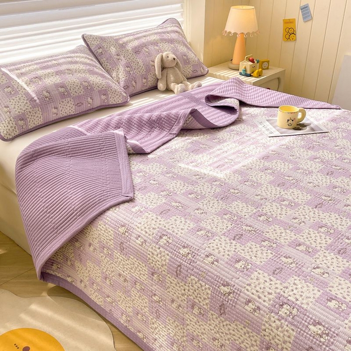 91家纺网 家纺一手货源 找家纺 梵朴 2026新款A类泡芙双层纱云感邹邹纱床盖三件套 泡芙KT-紫