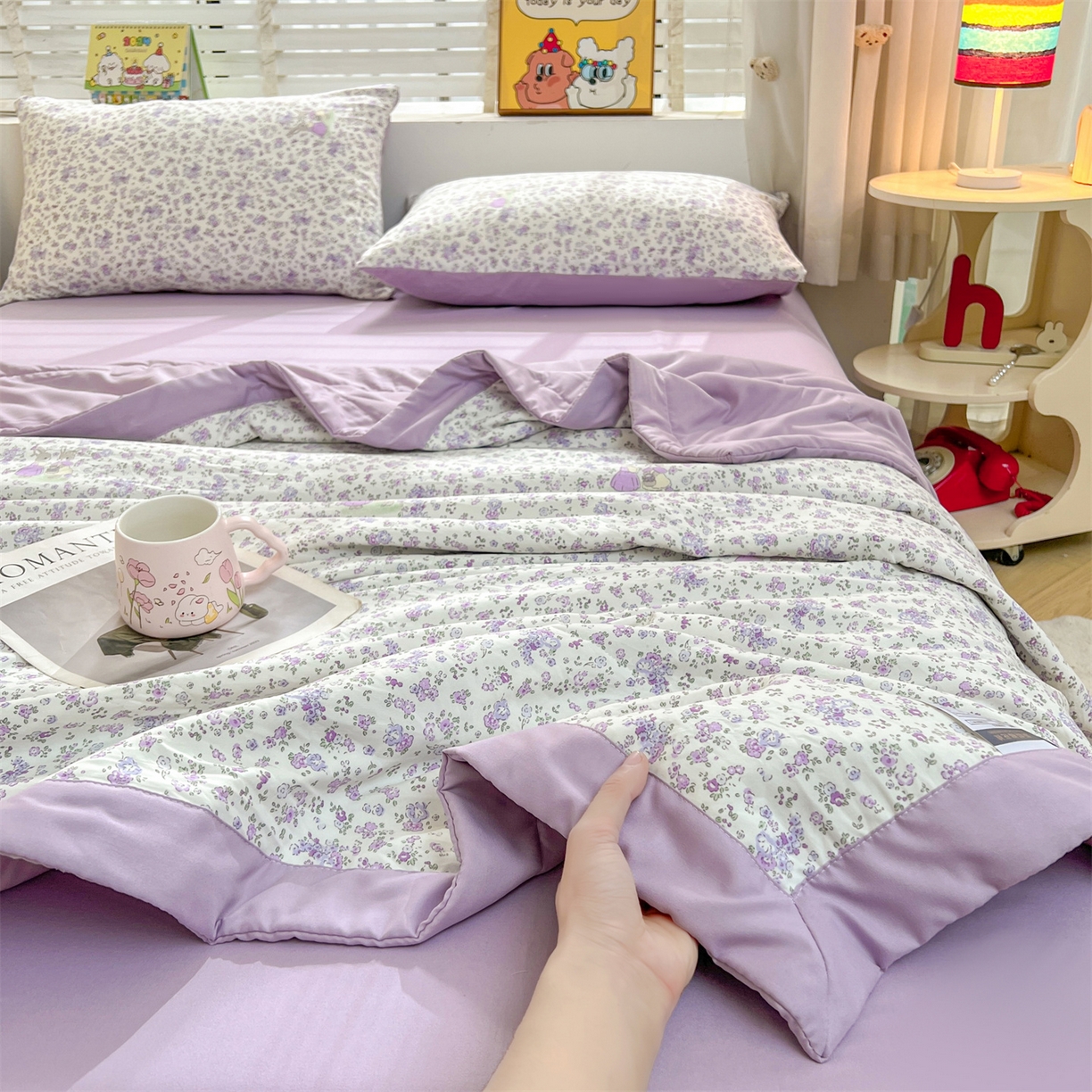 91家纺网 家纺一手货源 找家纺 犇牛仓储供应链 2026新款高克重水洗棉印花棉花夏被夏凉被空调被 紫韵花兔