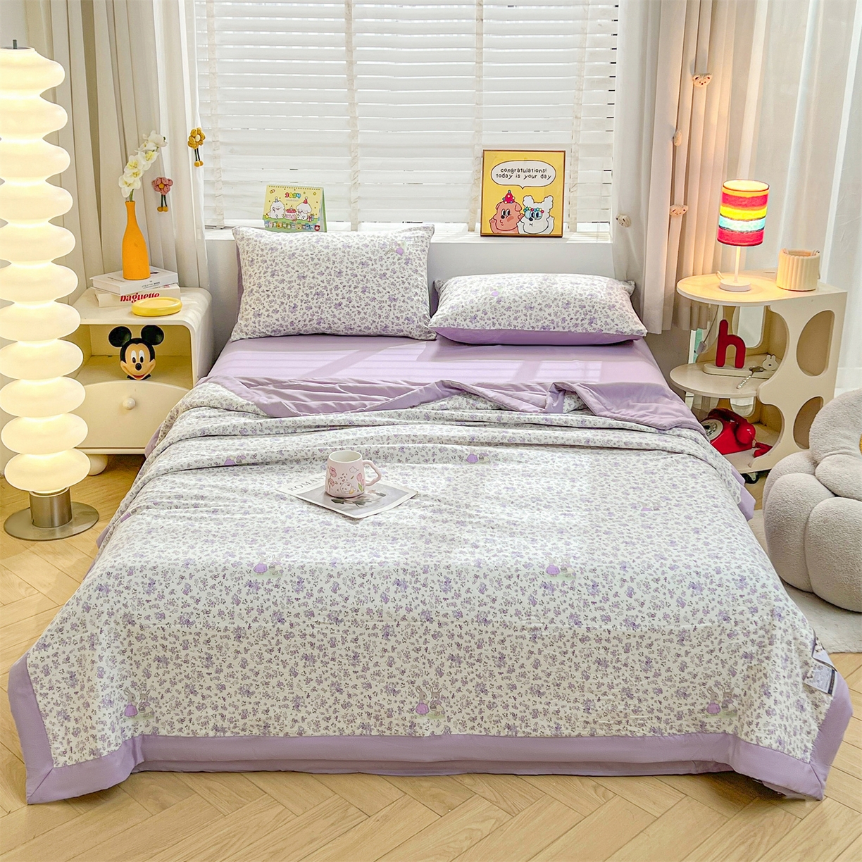 91家纺网 家纺一手货源 找家纺 犇牛仓储供应链 2026新款高克重水洗棉印花棉花夏被夏凉被空调被 紫韵花兔