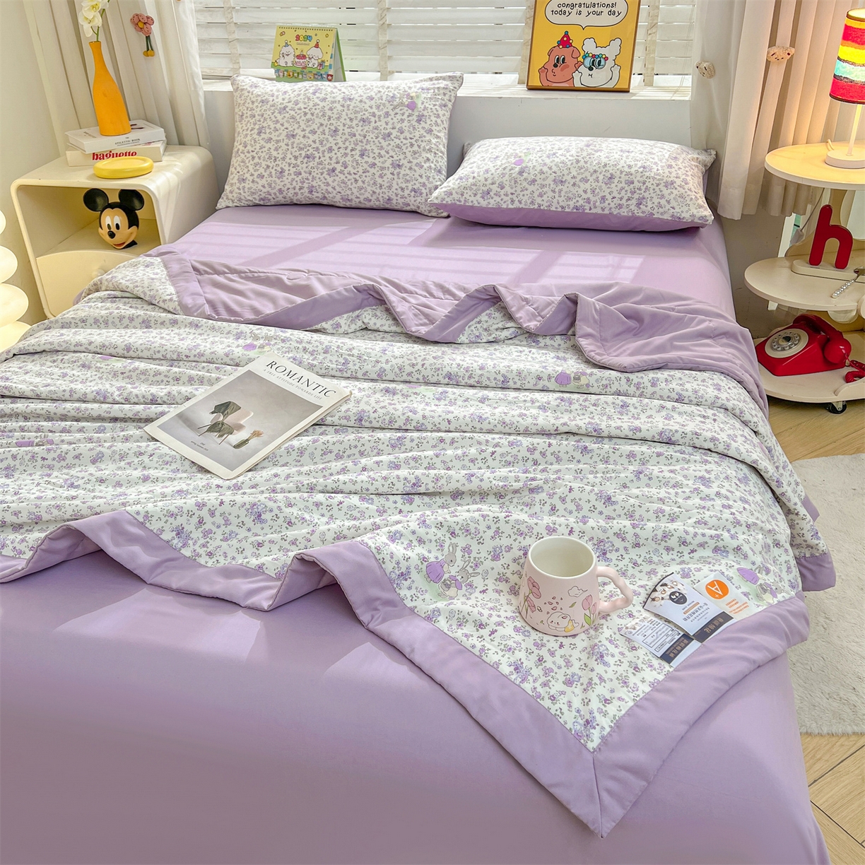 91家纺网 家纺一手货源 找家纺 犇牛仓储供应链 2026新款高克重水洗棉印花棉花夏被夏凉被空调被 紫韵花兔