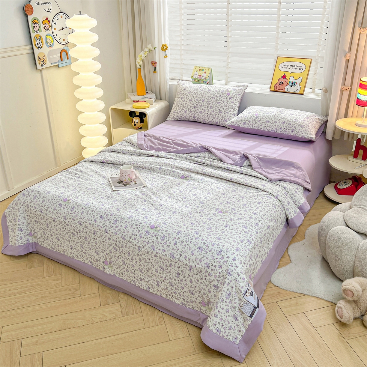 91家纺网 家纺一手货源 找家纺 犇牛仓储供应链 2026新款高克重水洗棉印花棉花夏被夏凉被空调被 紫韵花兔