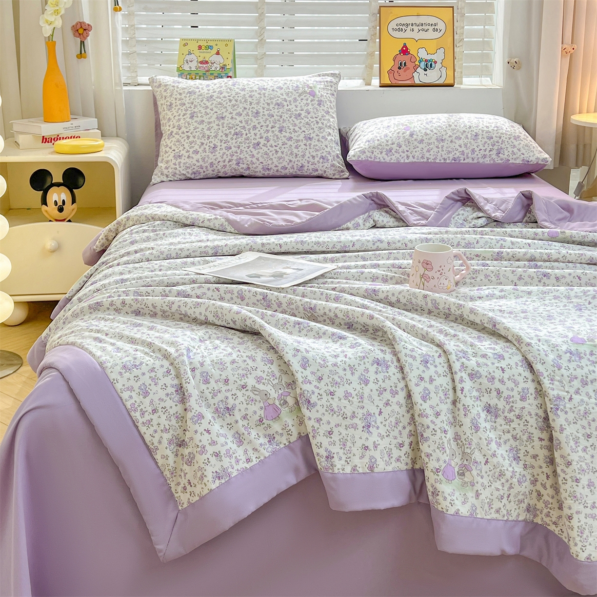 91家纺网 家纺一手货源 找家纺 犇牛仓储供应链 2026新款高克重水洗棉印花棉花夏被夏凉被空调被 紫韵花兔