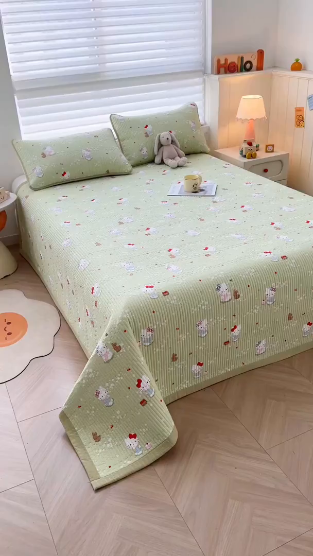 91家纺网 家纺一手货源 找家纺 梵朴 2026新款A类泡芙双层纱云感邹邹纱床盖三件套 泡芙KT-绿