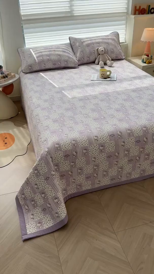 91家纺网 家纺一手货源 找家纺 梵朴 2026新款A类泡芙双层纱云感邹邹纱床盖三件套 泡芙KT-紫