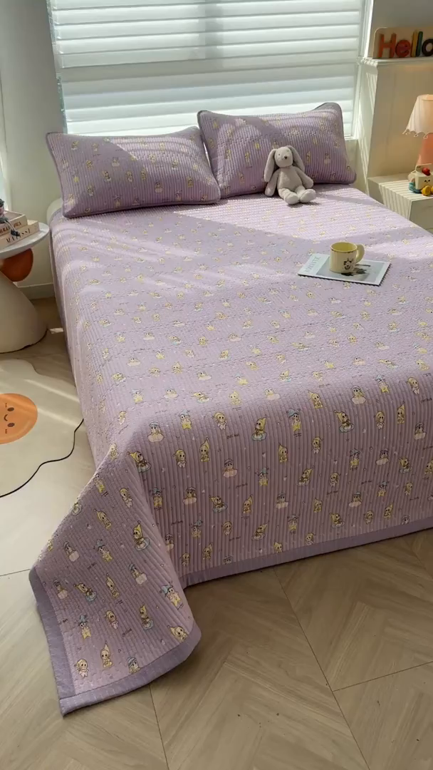 91家纺网 家纺一手货源 找家纺 梵朴 2026新款A类泡芙双层纱云感邹邹纱床盖三件套 星星玩偶紫