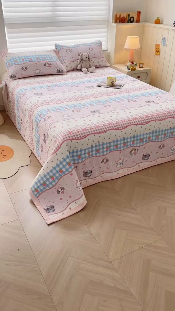 91家纺网 家纺一手货源 找家纺 梵朴 2026新款A类泡芙双层纱云感邹邹纱床盖三件套 快乐小狗