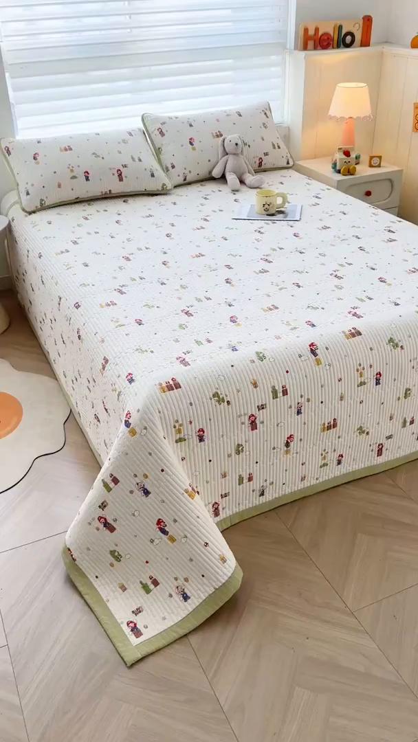 91家纺网 家纺一手货源 找家纺 梵朴 2026新款A类泡芙双层纱云感邹邹纱床盖三件套 快乐马里奥