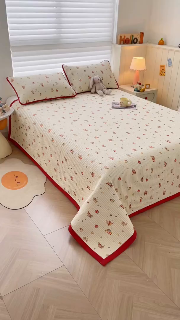 91家纺网 家纺一手货源 找家纺 梵朴 2026新款A类泡芙双层纱云感邹邹纱床盖三件套 星星玩偶黄