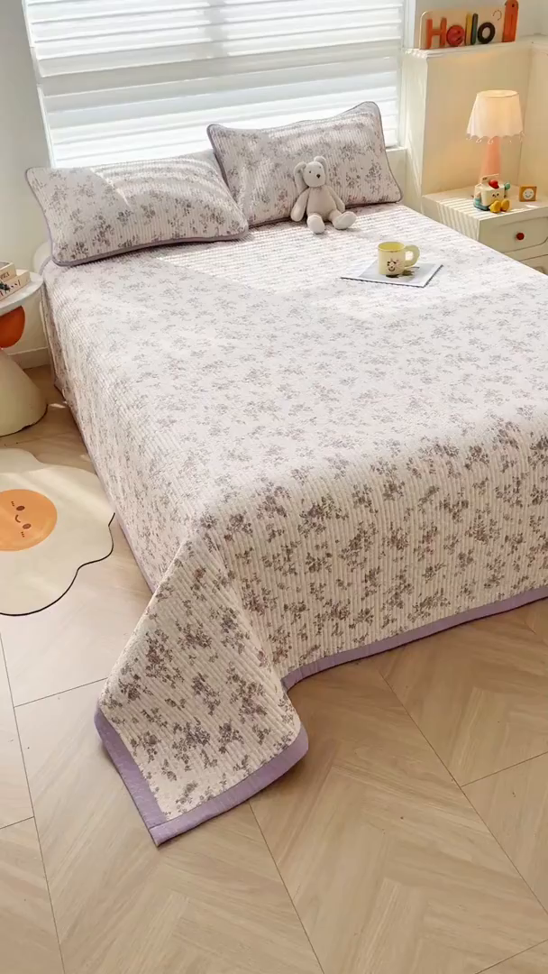 91家纺网 家纺一手货源 找家纺 梵朴 2026新款A类泡芙双层纱云感邹邹纱床盖三件套 花季紫