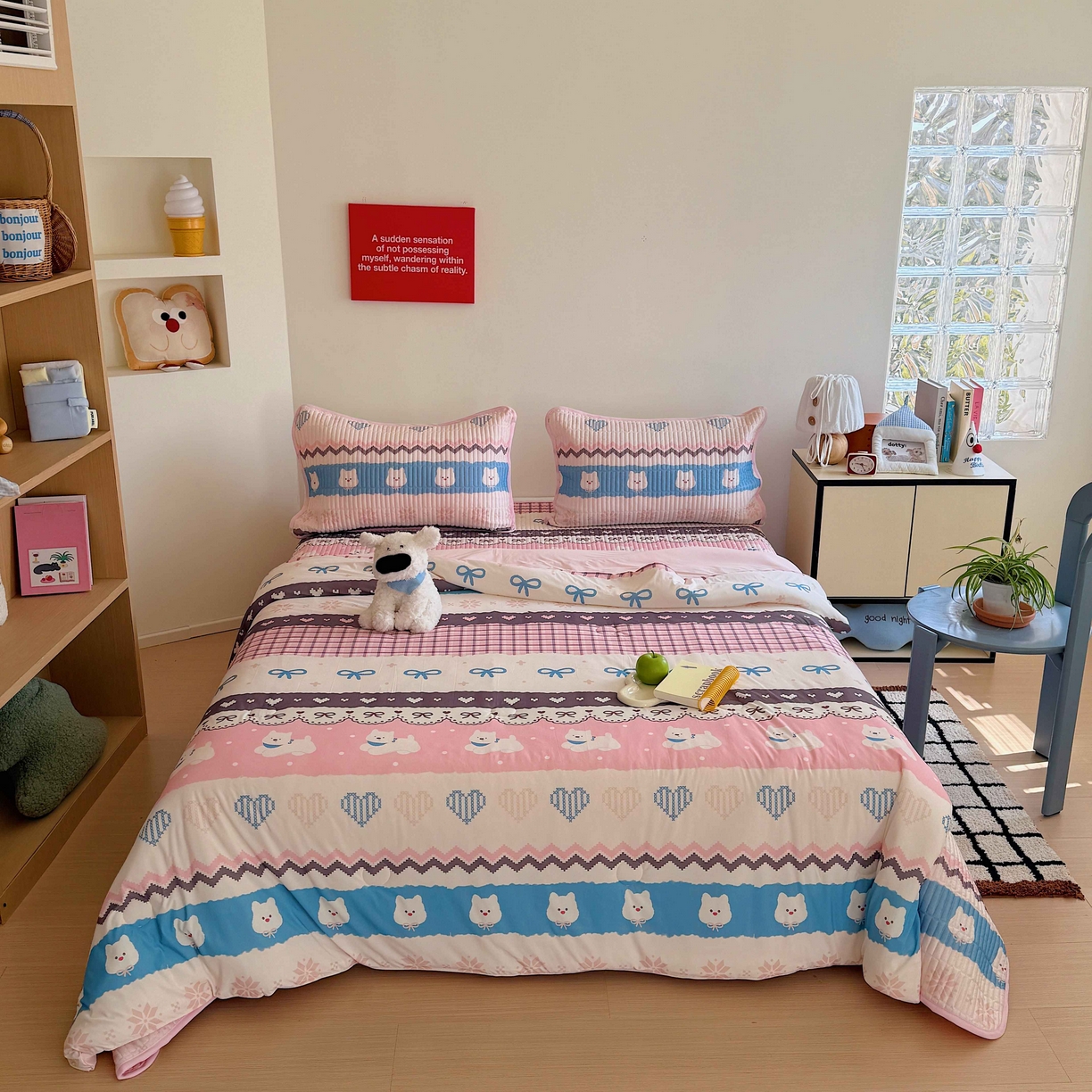 91家纺网 家纺一手货源 找家纺 美乐迪家纺 2026春夏新款水光冰丝床盖夏被夏凉被空调被四件套 粉色费尔岛