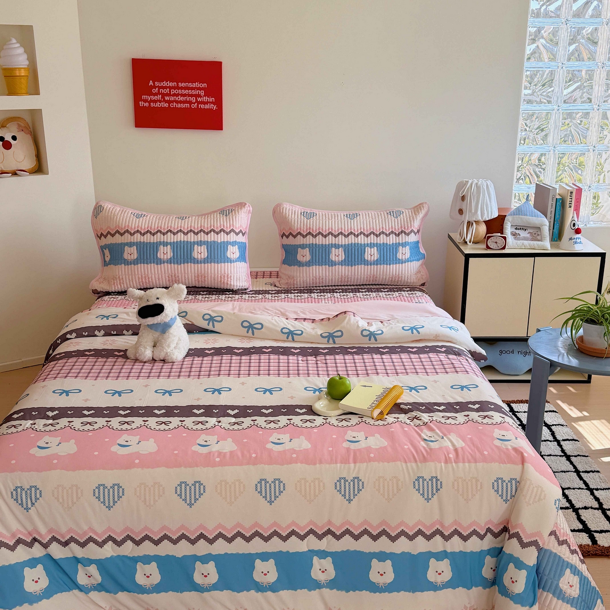 91家纺网 家纺一手货源 找家纺 美乐迪家纺 2026春夏新款水光冰丝床盖夏被夏凉被空调被四件套 粉色费尔岛