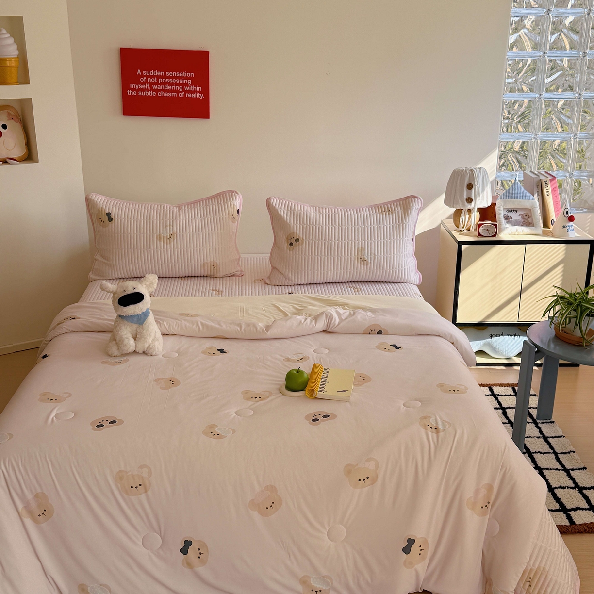 91家纺网 家纺一手货源 找家纺 美乐迪家纺 2026春夏新款水光冰丝床盖夏被夏凉被空调被四件套 粉色小熊