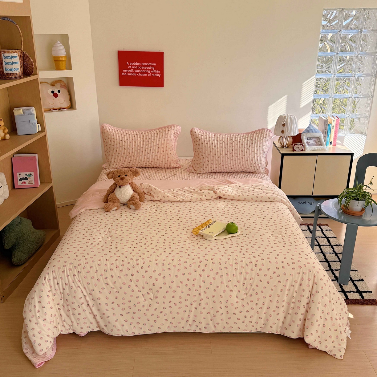 91家纺网 家纺一手货源 找家纺 美乐迪家纺 2026春夏新款水光冰丝床盖夏被夏凉被空调被四件套 小草莓