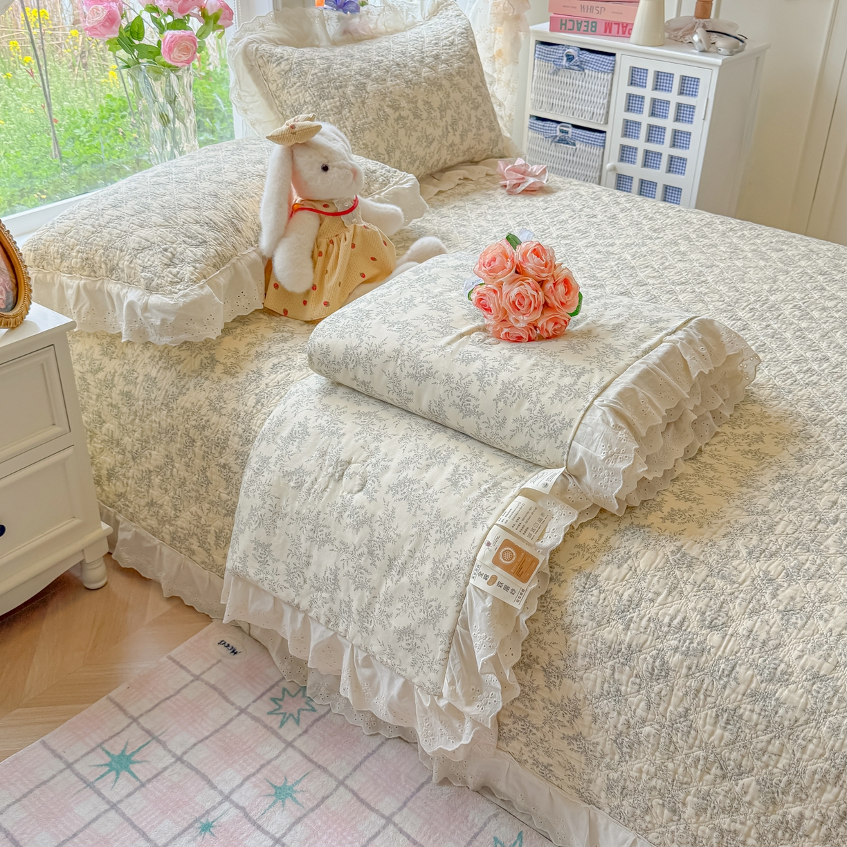 慕晨 2026新款大花边全棉双层纱多功能夏凉被床盖四件套高温水洗床盖夹棉三件套 松雾花