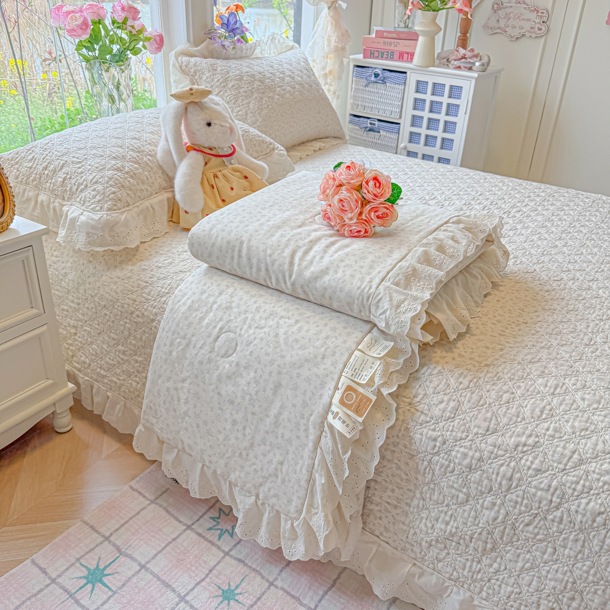 慕晨 2026新款大花边全棉双层纱多功能夏凉被床盖四件套高温水洗床盖夹棉三件套 柔蓝花