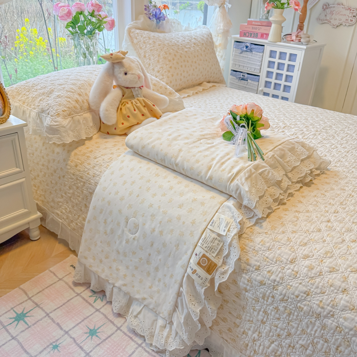 慕晨 2026新款大花边全棉双层纱多功能夏凉被床盖四件套高温水洗床盖夹棉三件套 奶油小黄花