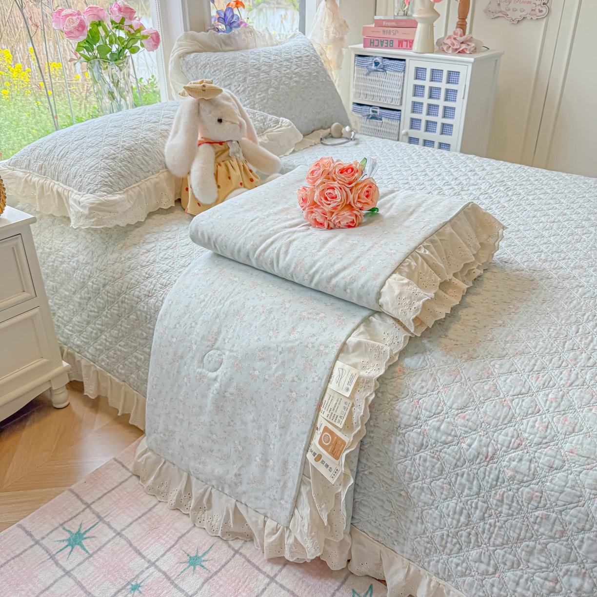 慕晨 2026新款大花边全棉双层纱多功能夏凉被床盖四件套高温水洗床盖夹棉三件套 海盐莓语