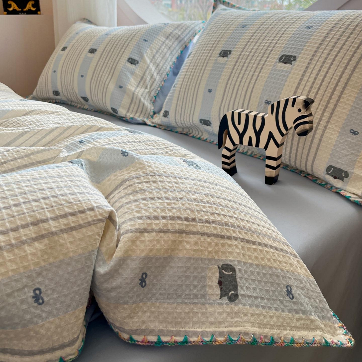 91家纺网 家纺一手货源 找家纺 涵宸家纺 2026新款全棉华夫格贝壳边四件套 布莱迪