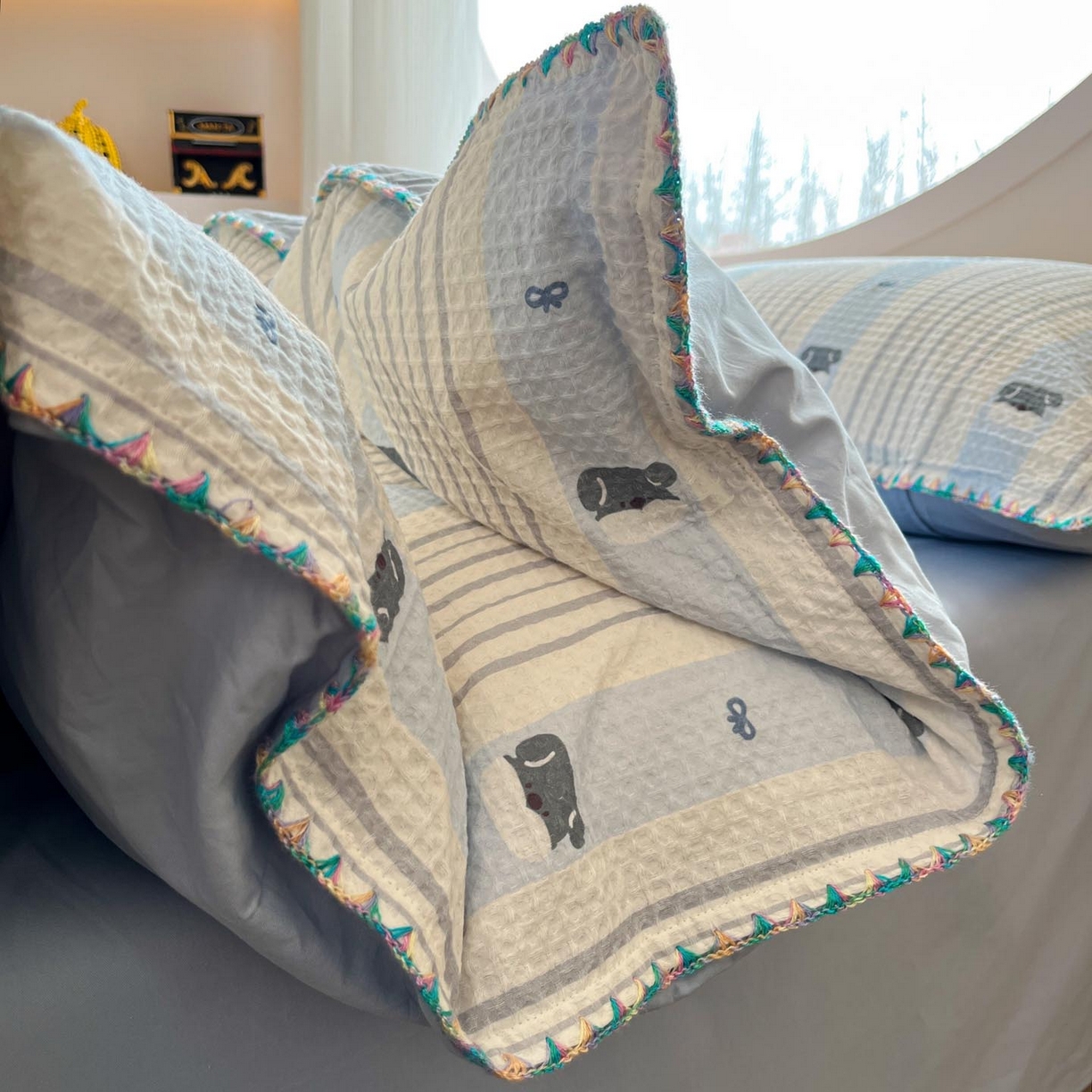 91家纺网 家纺一手货源 找家纺 涵宸家纺 2026新款全棉华夫格贝壳边四件套 布莱迪