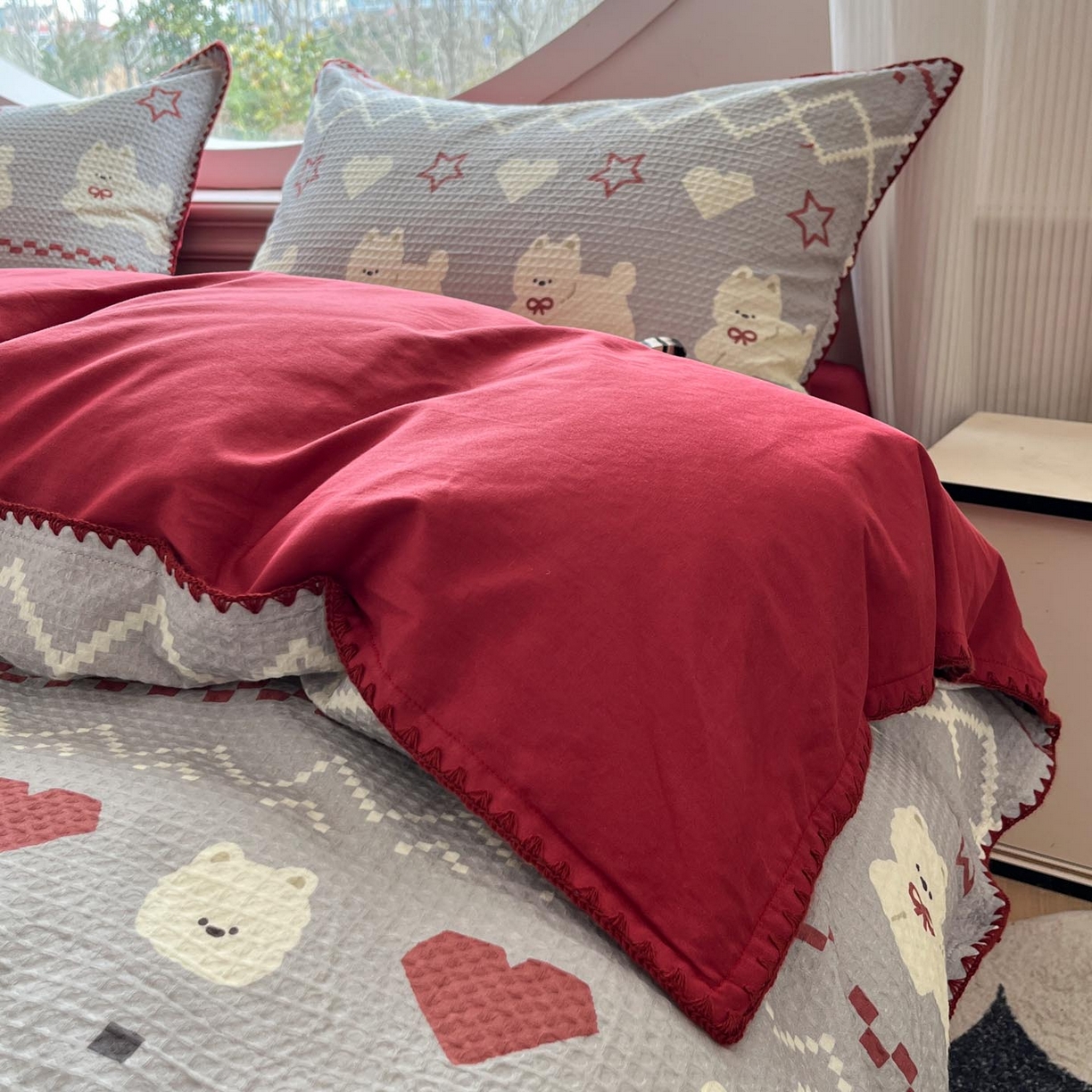 91家纺网 家纺一手货源 找家纺 涵宸家纺 2026新款全棉华夫格贝壳边四件套 卡米喏