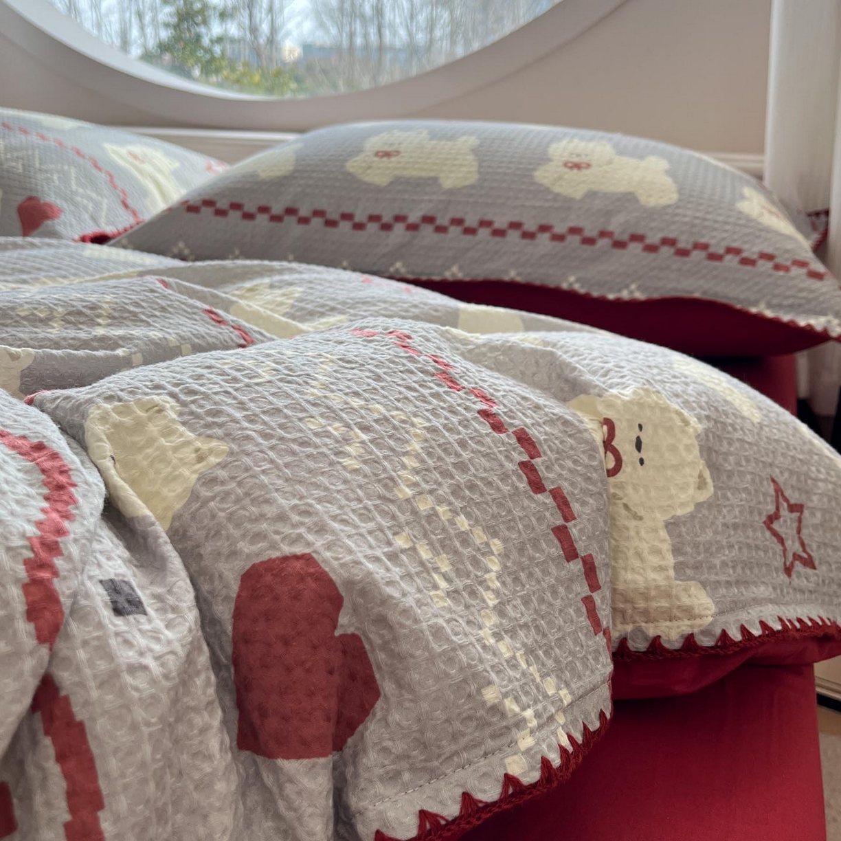 91家纺网 家纺一手货源 找家纺 涵宸家纺 2026新款全棉华夫格贝壳边四件套 卡米喏