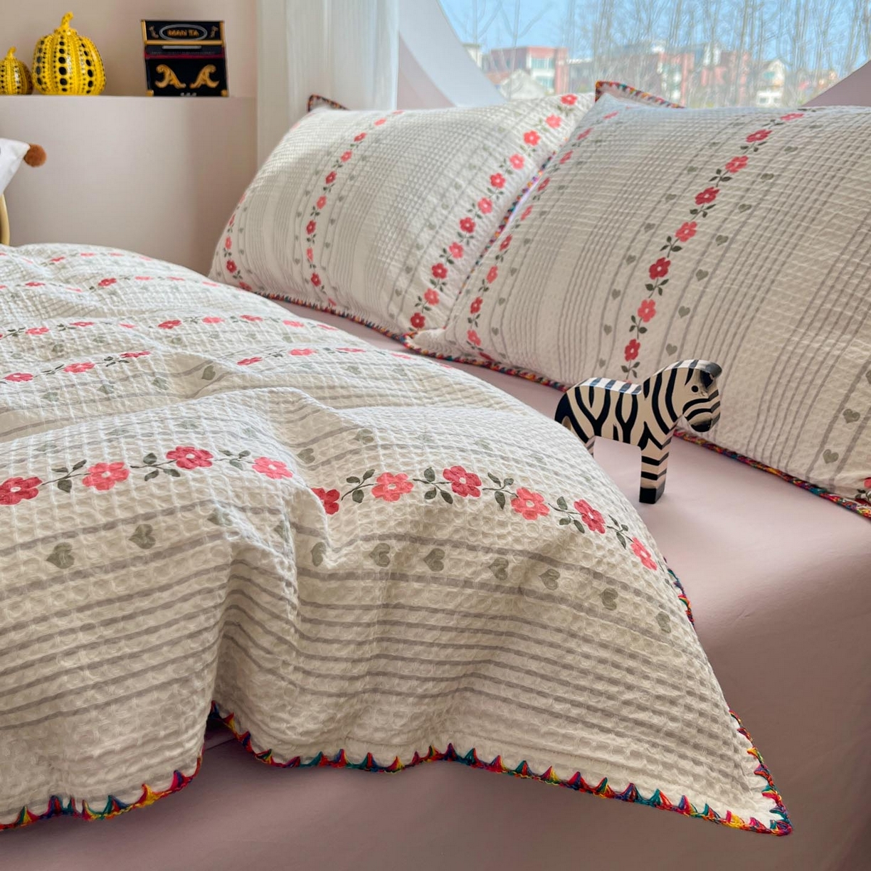 91家纺网 家纺一手货源 找家纺 涵宸家纺 2026新款全棉华夫格贝壳边四件套 洛芙琳