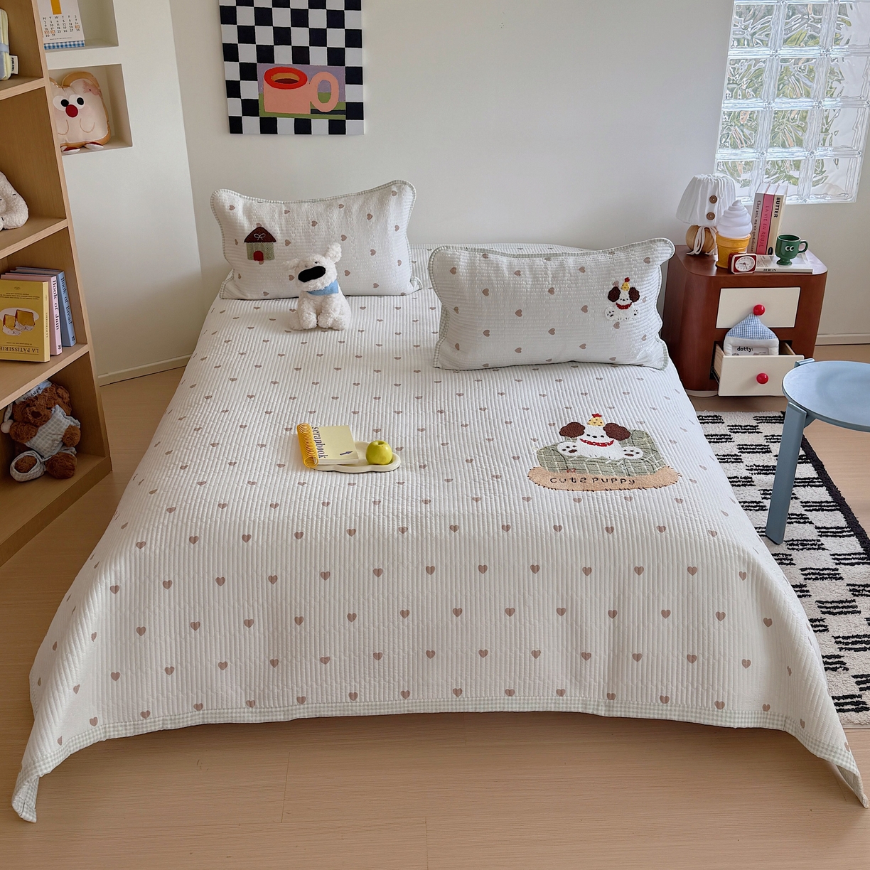 91家纺网 家纺一手货源 找家纺 顾里家纺 2026新款ins韩风床盖单品床盖单件三件套被套四件套 爱心沙发狗