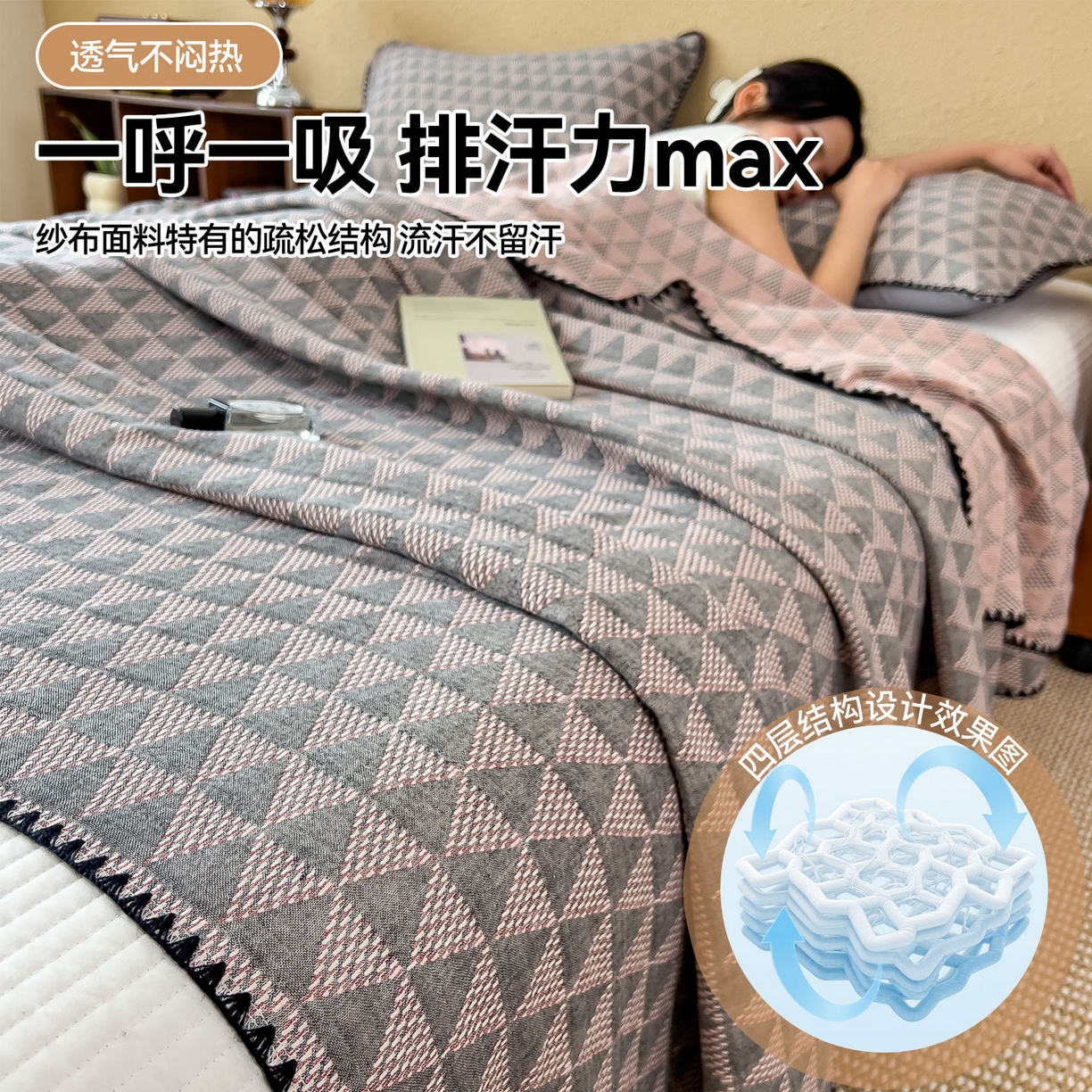 91家纺网 家纺一手货源 找家纺 云恋家纺 2026新款A类全棉四层纱三角针纱布毯全棉学生午睡被薄款床单沙发盖毯办公室披肩毯 菱格叙事