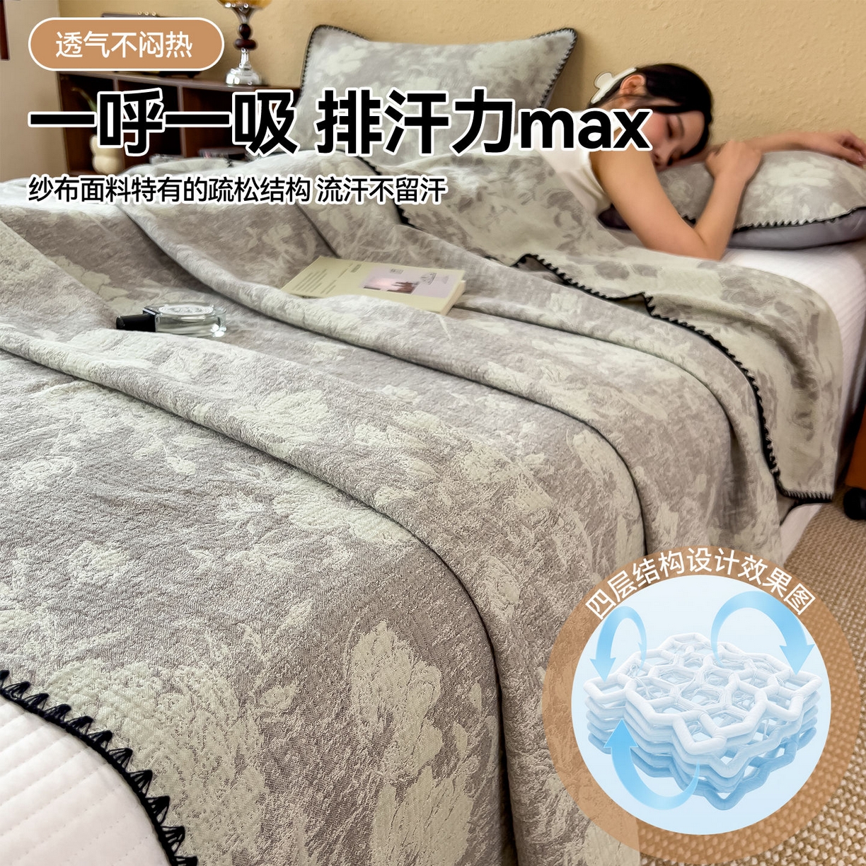 91家纺网 家纺一手货源 找家纺 云恋家纺 2026新款A类全棉四层纱三角针纱布毯全棉学生午睡被薄款床单沙发盖毯办公室披肩毯 柔花漫野