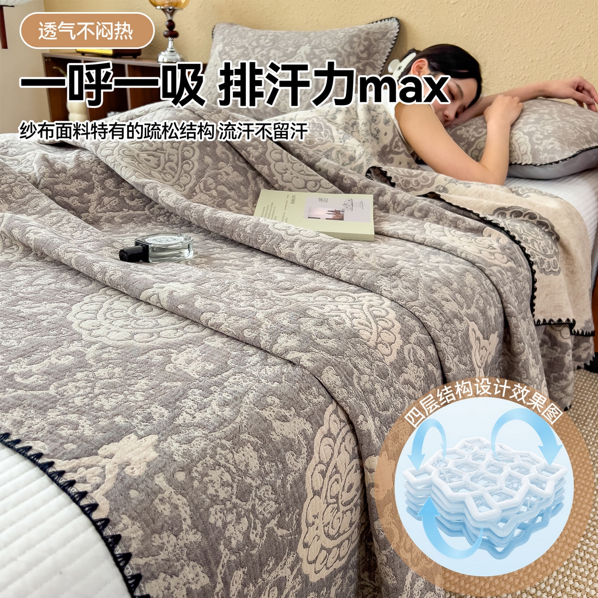 91家纺网 家纺一手货源 找家纺 云恋家纺 2026新款A类全棉四层纱三角针纱布毯全棉学生午睡被薄款床单沙发盖毯办公室披肩毯 素锦