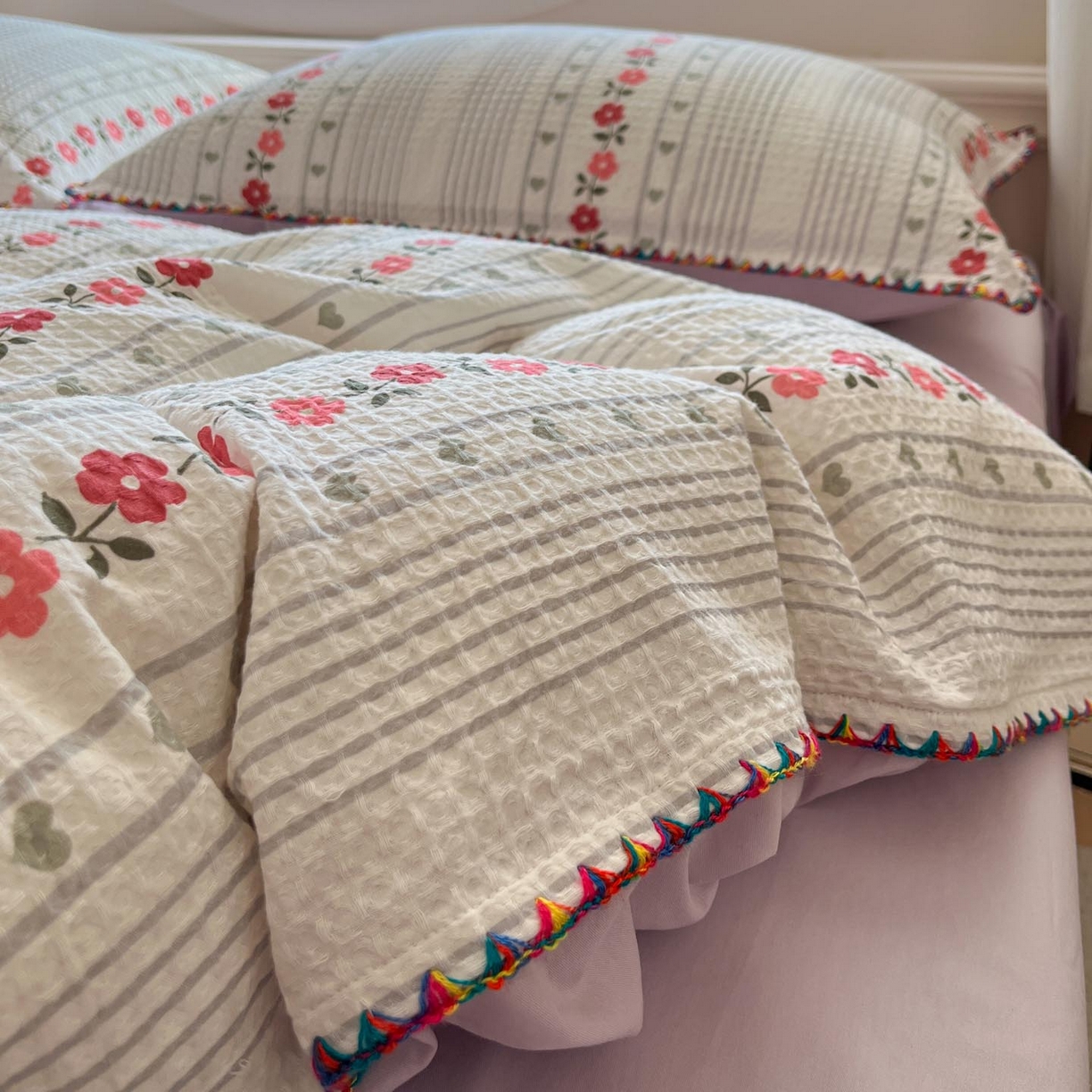 91家纺网 家纺一手货源 找家纺 涵宸家纺 2026新款全棉华夫格贝壳边四件套 洛芙琳