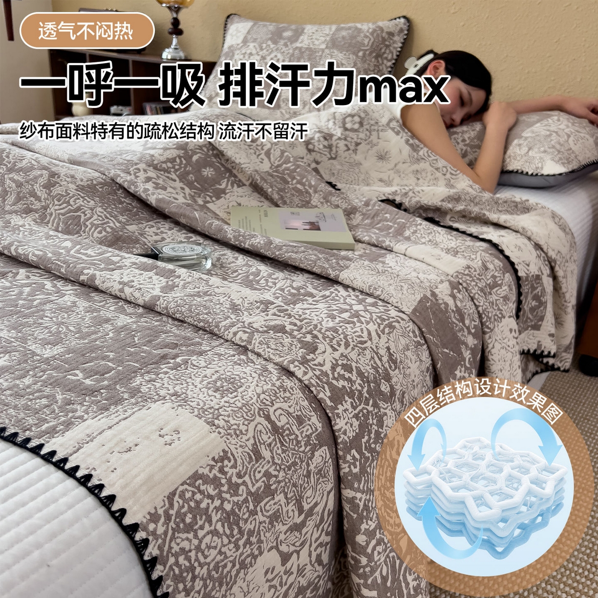 91家纺网 家纺一手货源 找家纺 云恋家纺 2026新款A类全棉四层纱三角针纱布毯全棉学生午睡被薄款床单沙发盖毯办公室披肩毯 云格雾咖