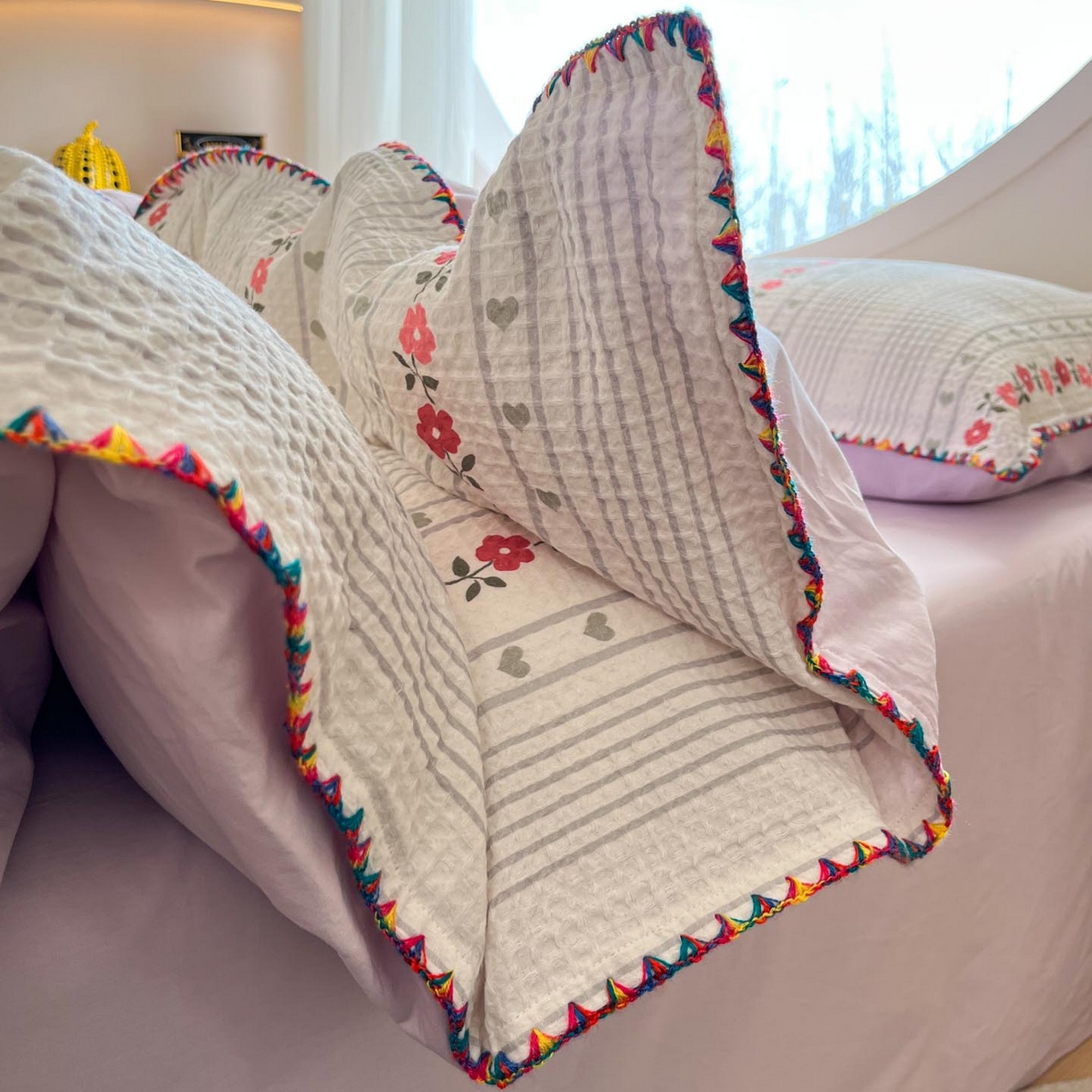 91家纺网 家纺一手货源 找家纺 涵宸家纺 2026新款全棉华夫格贝壳边四件套 洛芙琳