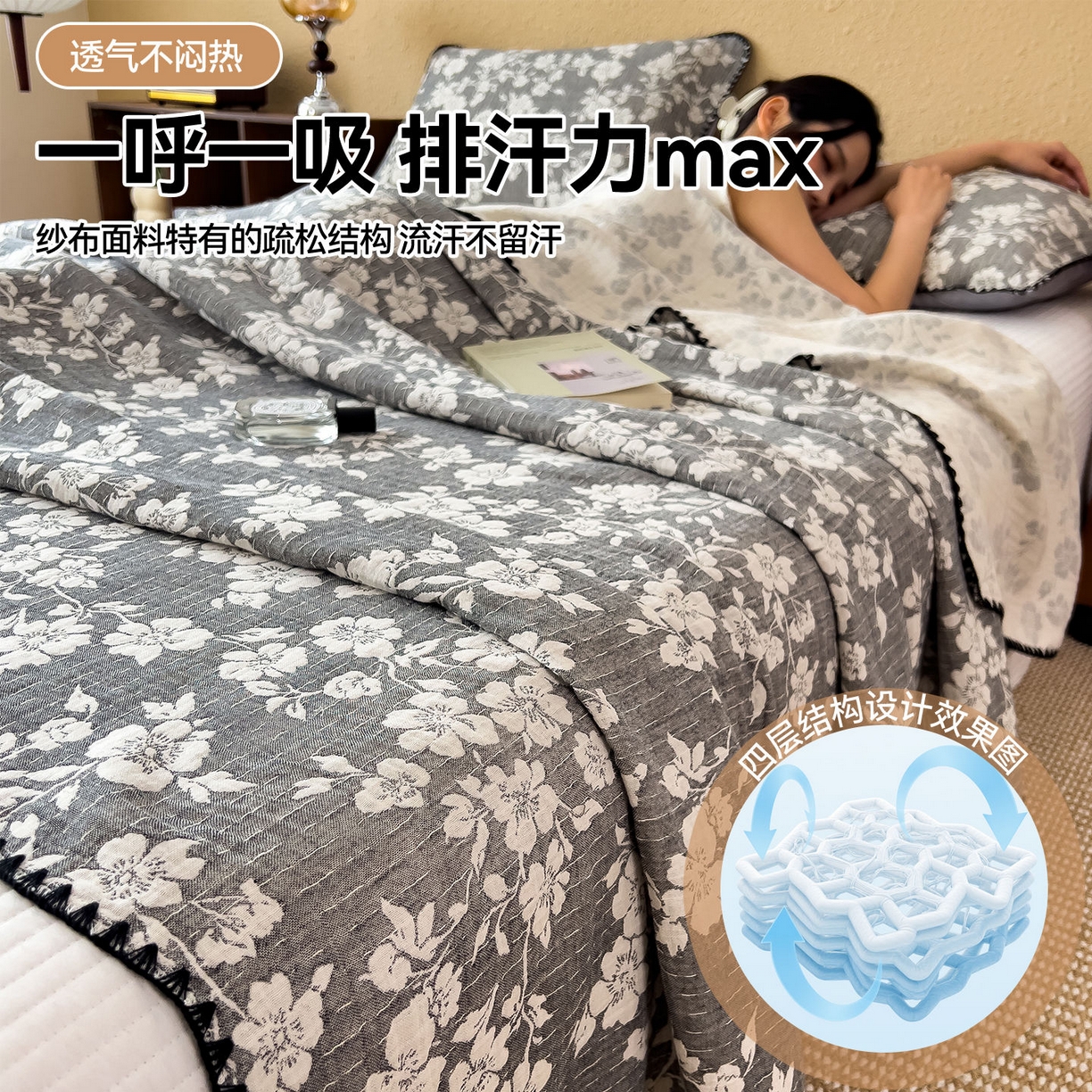 91家纺网 家纺一手货源 找家纺 云恋家纺 2026新款A类全棉四层纱三角针纱布毯全棉学生午睡被薄款床单沙发盖毯办公室披肩毯 暮秋花语