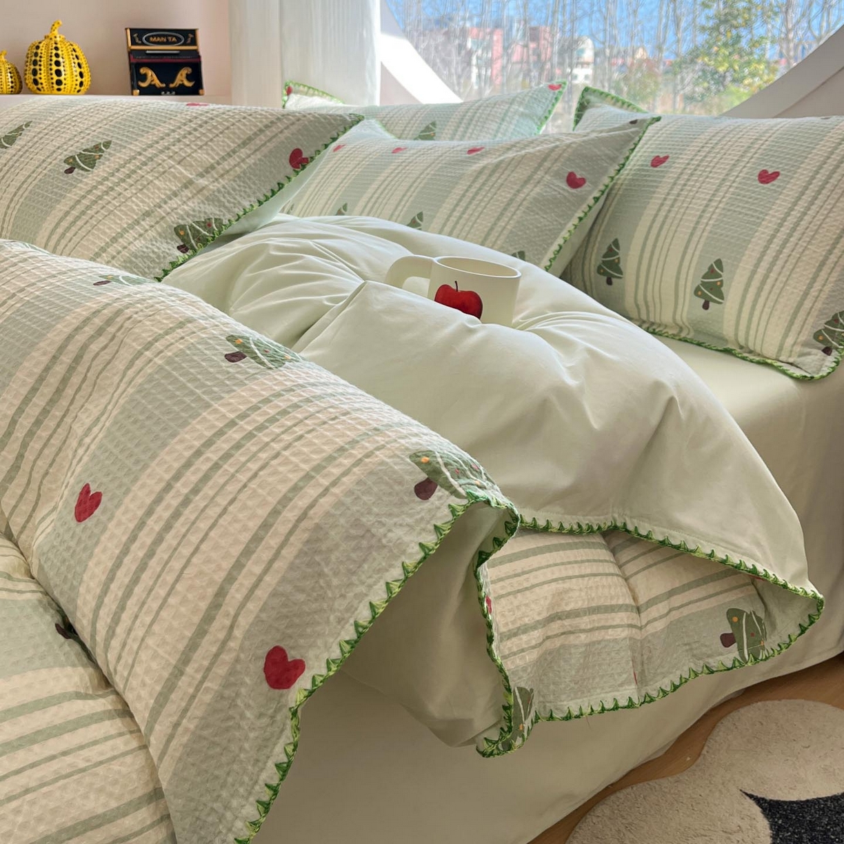 涵宸家纺 2026新款全棉华夫格贝壳边四件套 青柠夏