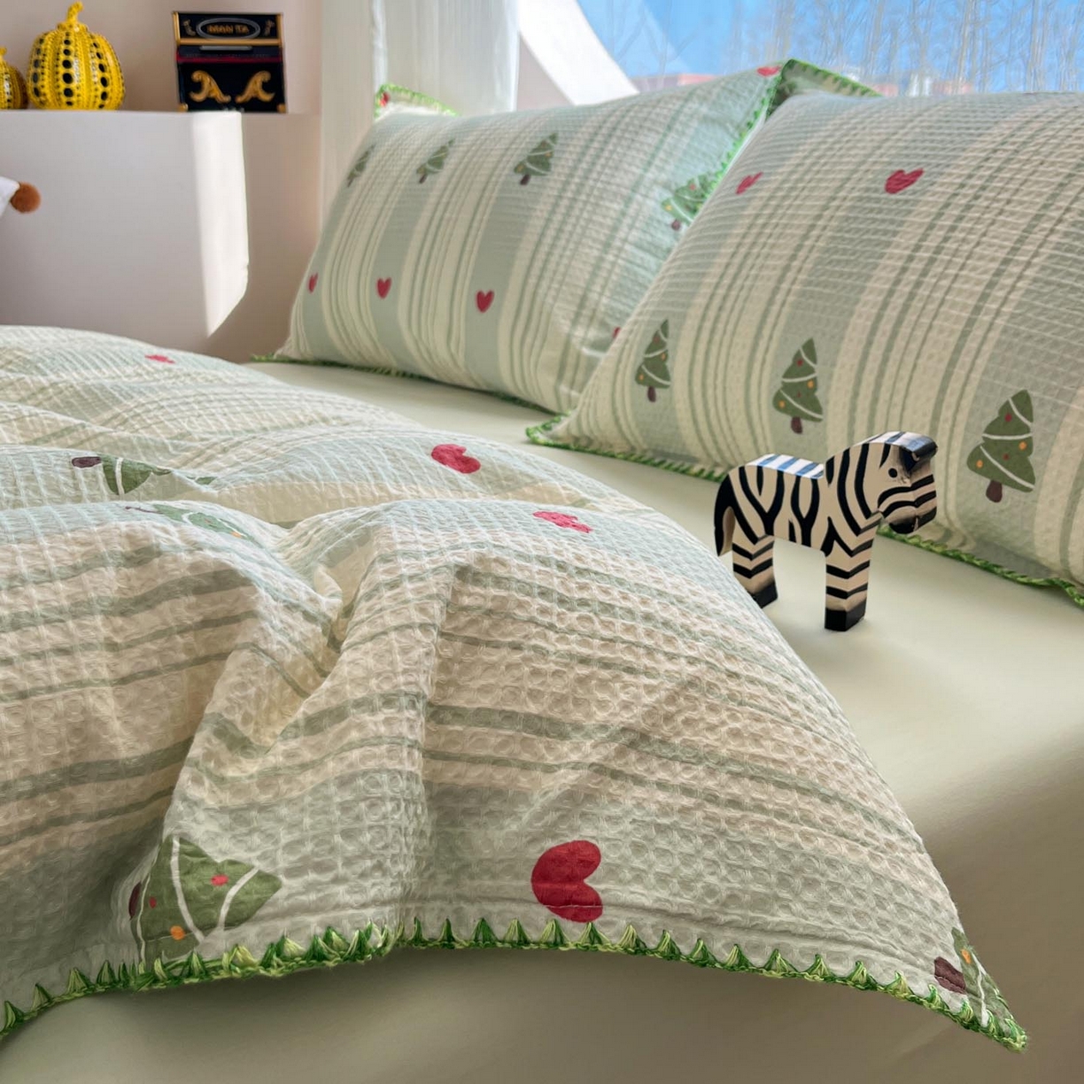 91家纺网 家纺一手货源 找家纺 涵宸家纺 2026新款全棉华夫格贝壳边四件套 青柠夏