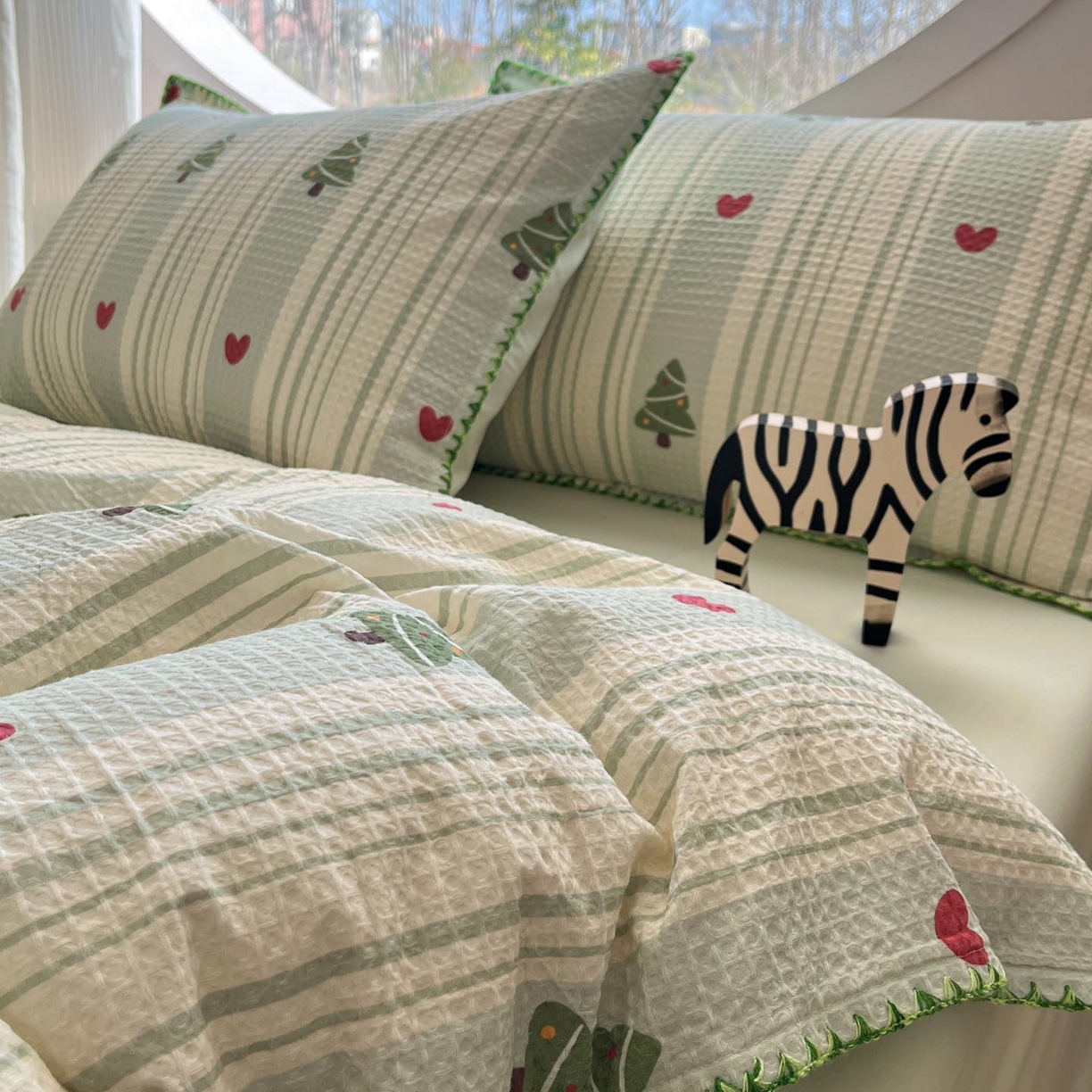 91家纺网 家纺一手货源 找家纺 涵宸家纺 2026新款全棉华夫格贝壳边四件套 青柠夏