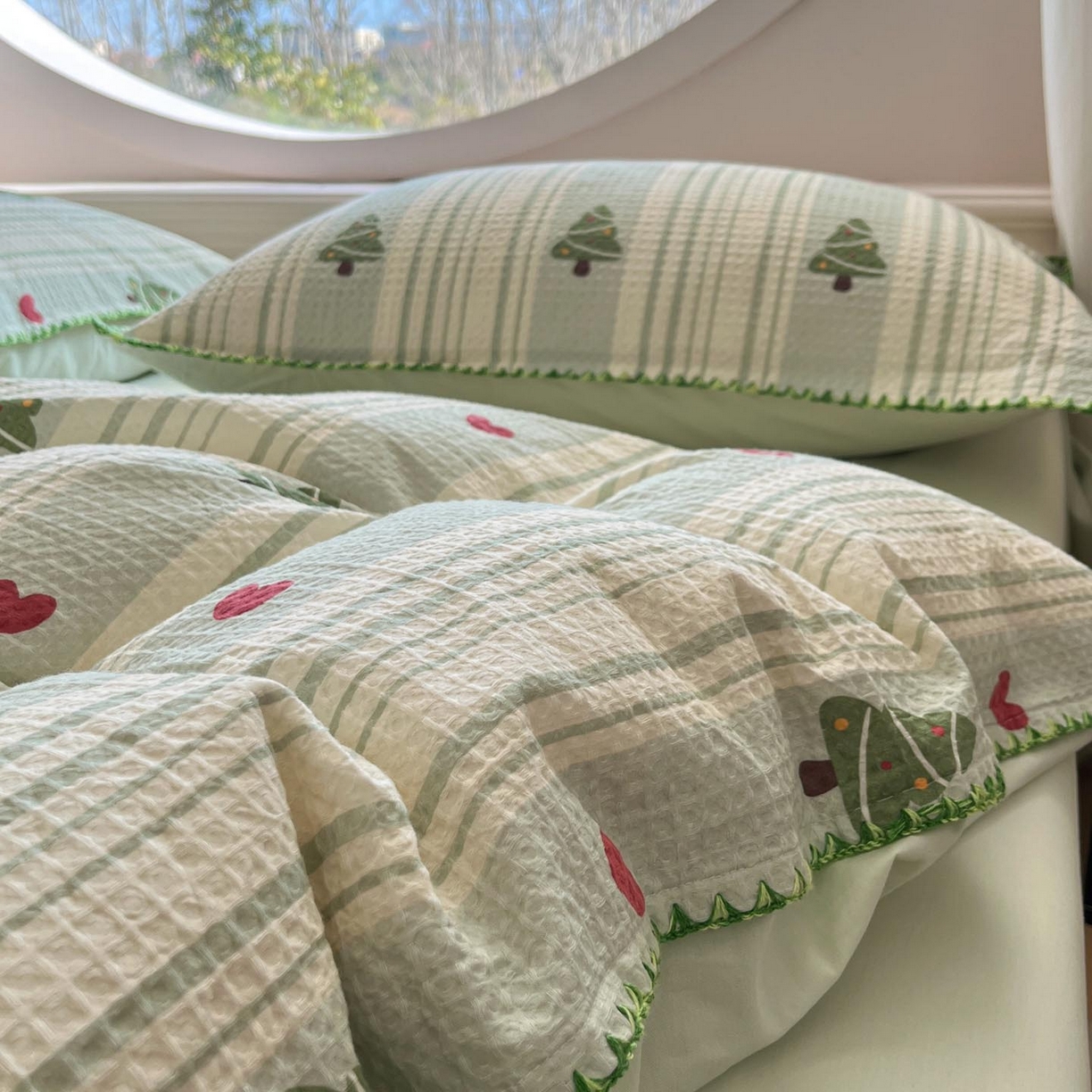 91家纺网 家纺一手货源 找家纺 涵宸家纺 2026新款全棉华夫格贝壳边四件套 青柠夏