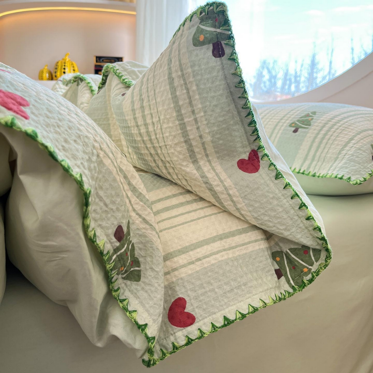 91家纺网 家纺一手货源 找家纺 涵宸家纺 2026新款全棉华夫格贝壳边四件套 青柠夏