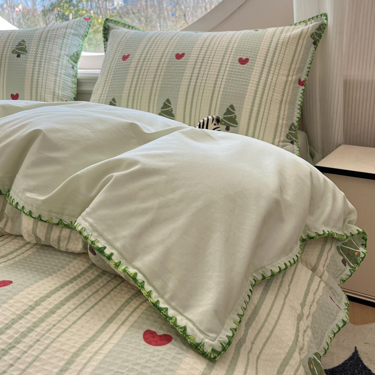 91家纺网 家纺一手货源 找家纺 涵宸家纺 2026新款全棉华夫格贝壳边四件套 青柠夏