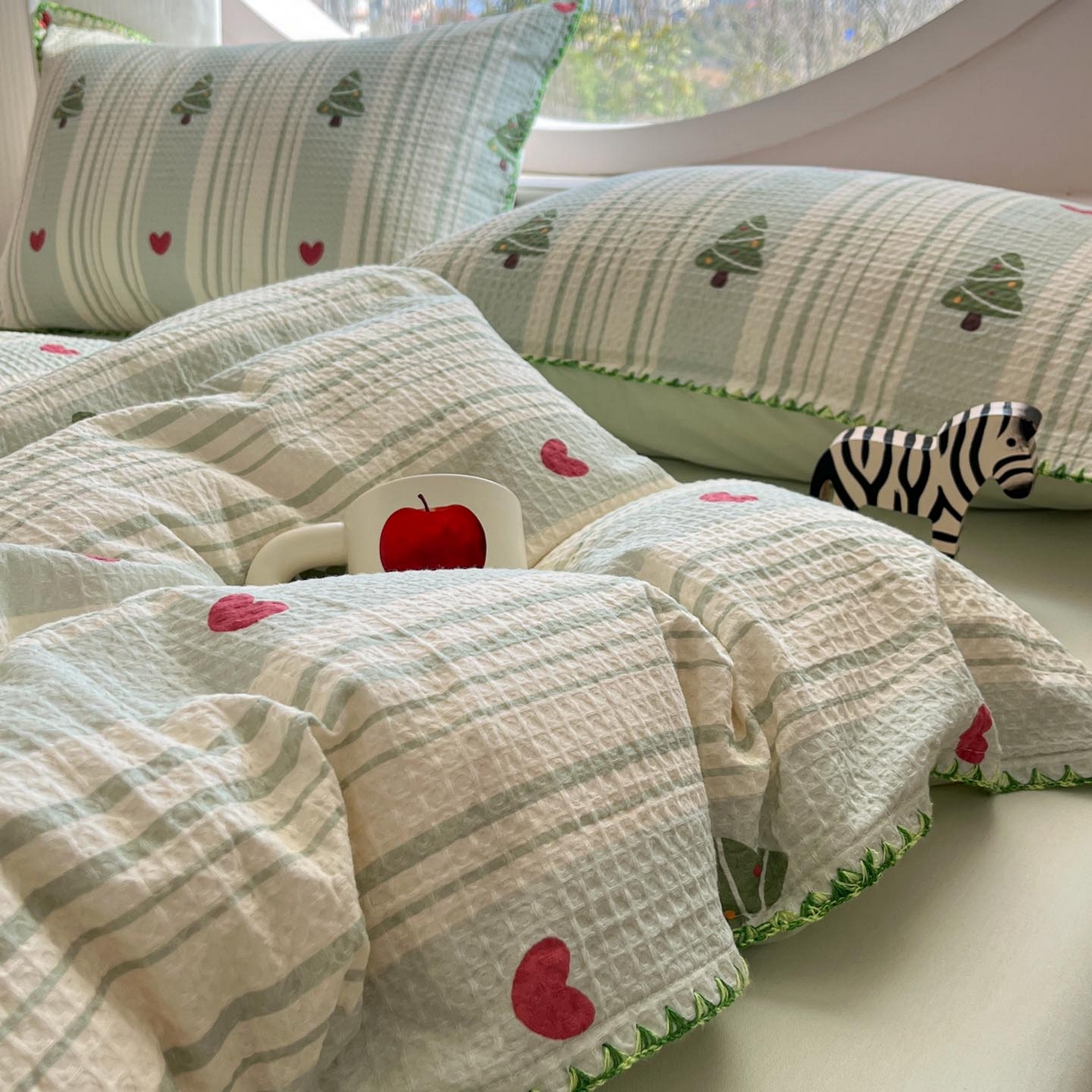 91家纺网 家纺一手货源 找家纺 涵宸家纺 2026新款全棉华夫格贝壳边四件套 青柠夏