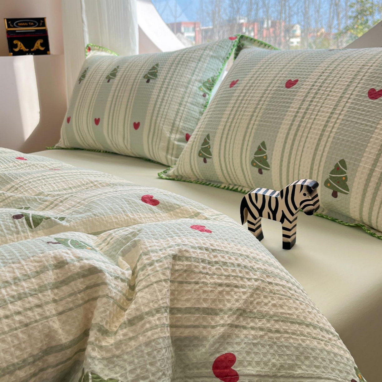 91家纺网 家纺一手货源 找家纺 涵宸家纺 2026新款全棉华夫格贝壳边四件套 青柠夏