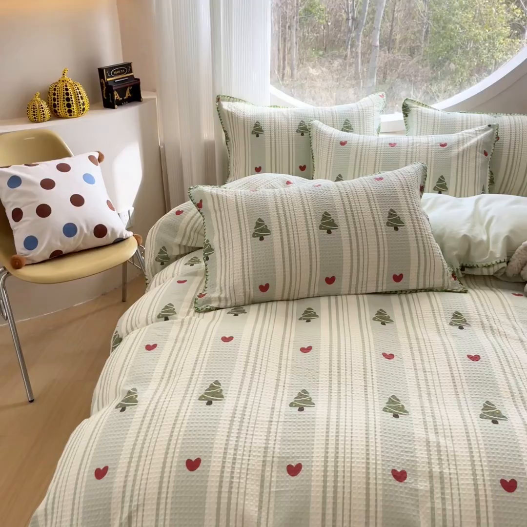 91家纺网 家纺一手货源 找家纺 涵宸家纺 2026新款全棉华夫格贝壳边四件套 青柠夏