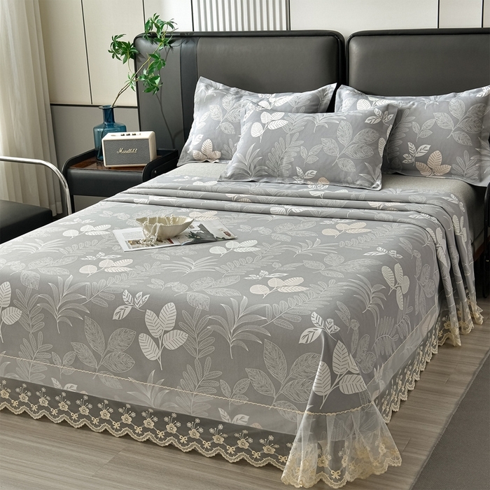 91家纺网 家纺一手货源 找家纺 星窝家纺 2026新款花边老粗布凉席三件套 春旭日-灰