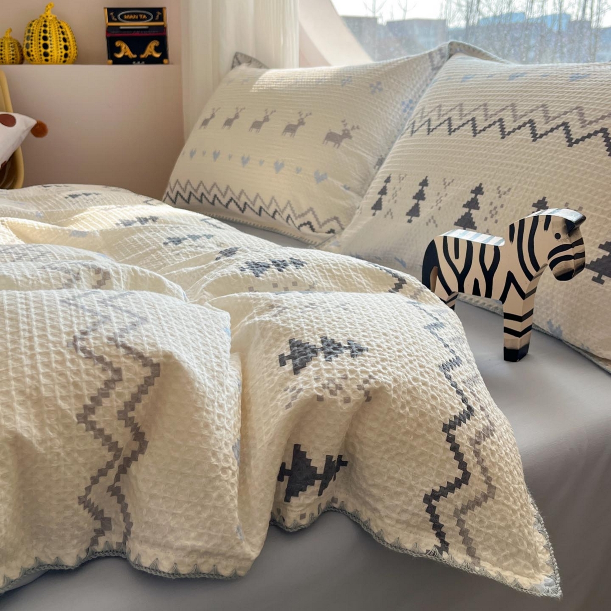 91家纺网 家纺一手货源 找家纺 涵宸家纺 2026新款全棉华夫格贝壳边四件套 童趣