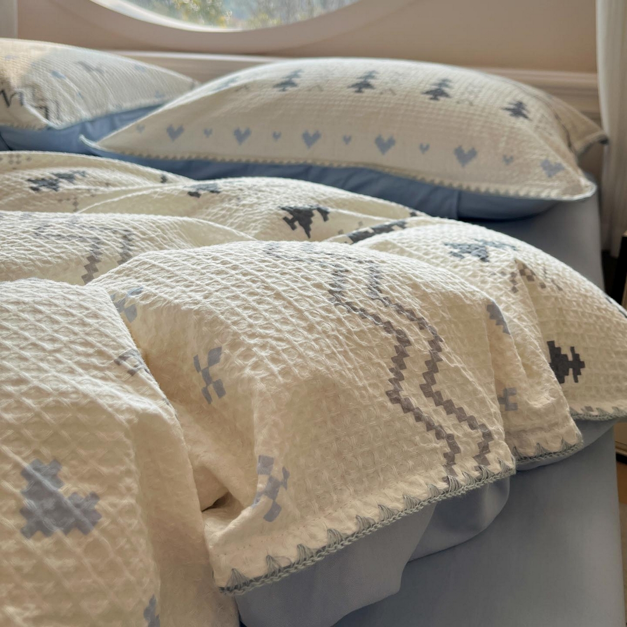 91家纺网 家纺一手货源 找家纺 涵宸家纺 2026新款全棉华夫格贝壳边四件套 童趣