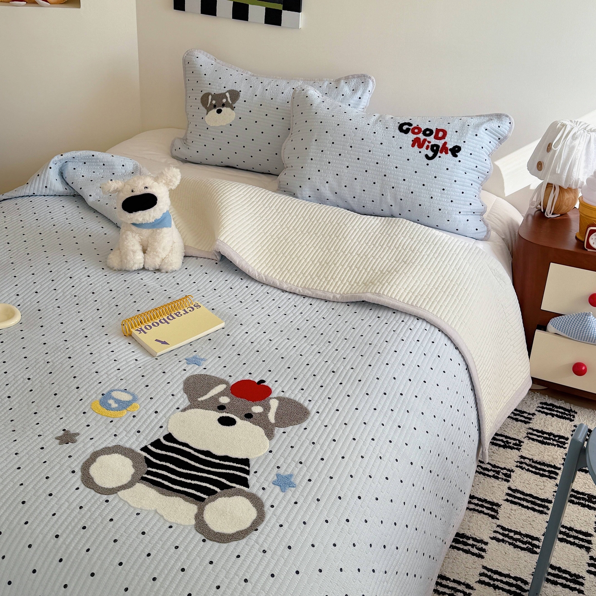 91家纺网 家纺一手货源 找家纺 顾里家纺 2026新款ins韩风床盖单品床盖单件三件套被套四件套 波点雪奈瑞