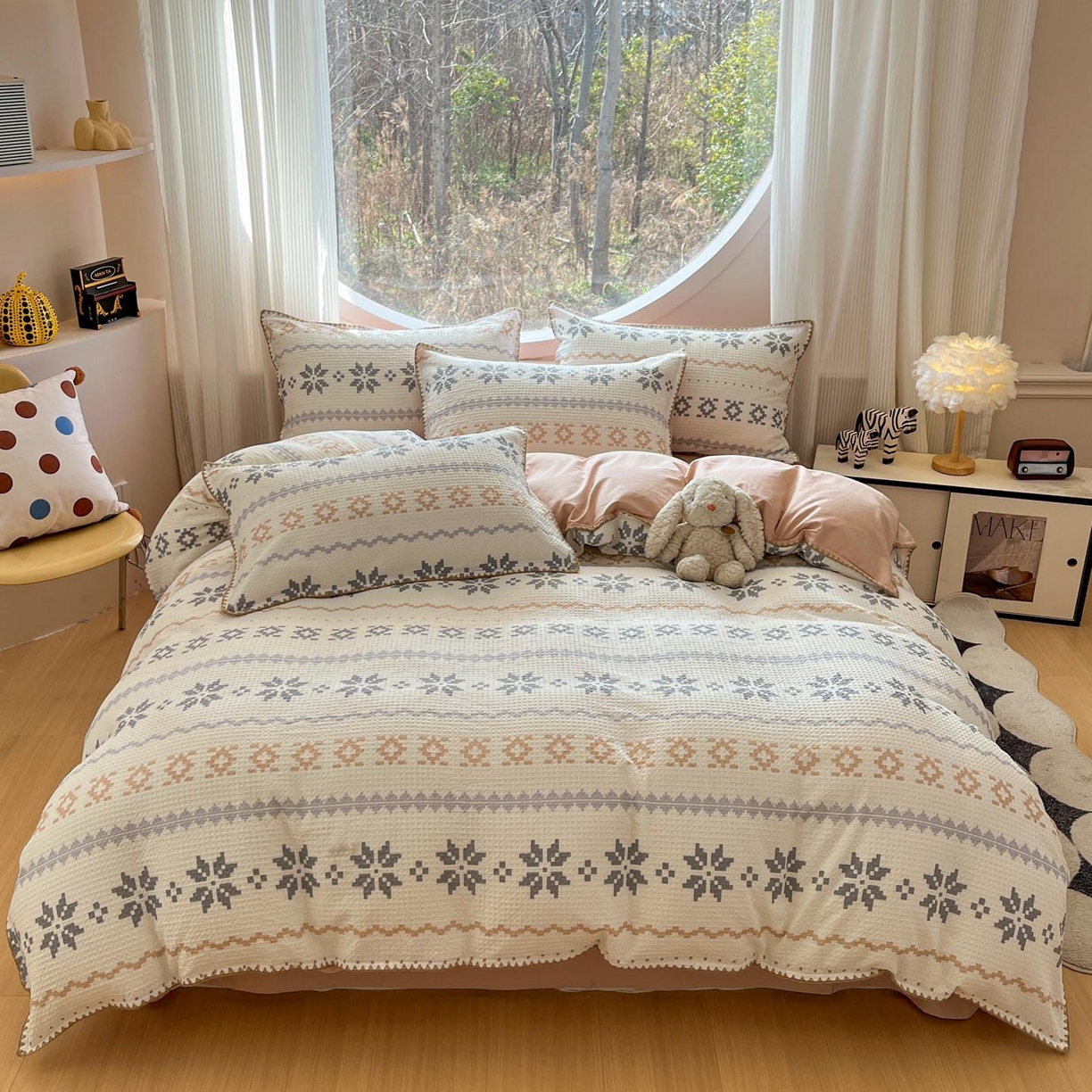 91家纺网 家纺一手货源 找家纺 涵宸家纺 2026新款全棉华夫格贝壳边四件套 雾漫纱